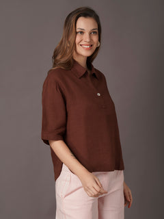 Women's 100% Linen Boxy Fit Blouse Brown