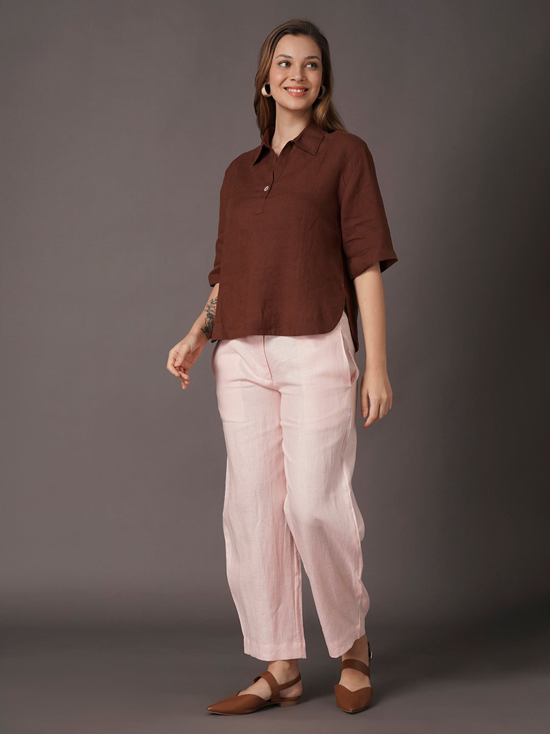 Women's 100% Linen Boxy Fit Blouse Brown