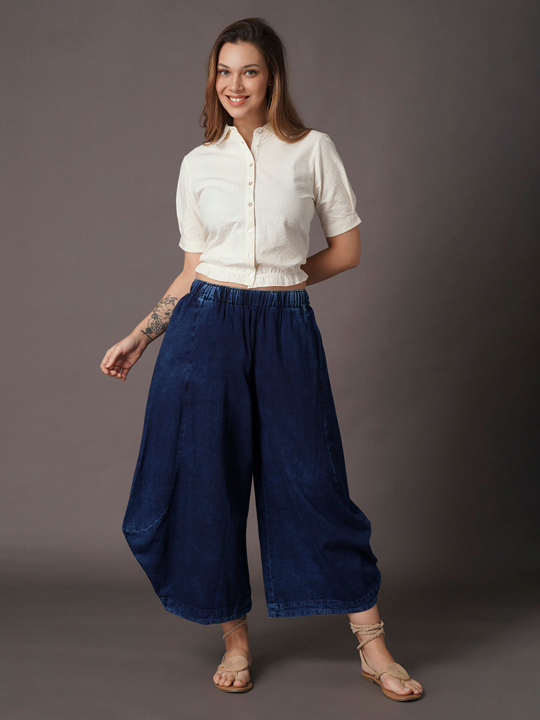 Women's Denim Blue 100% Cotton Wide Leg Pant