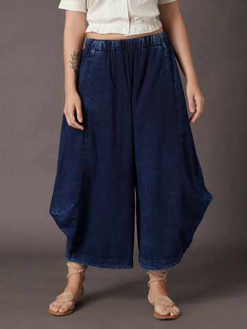Women's Denim Blue 100% Cotton Wide Leg Pant