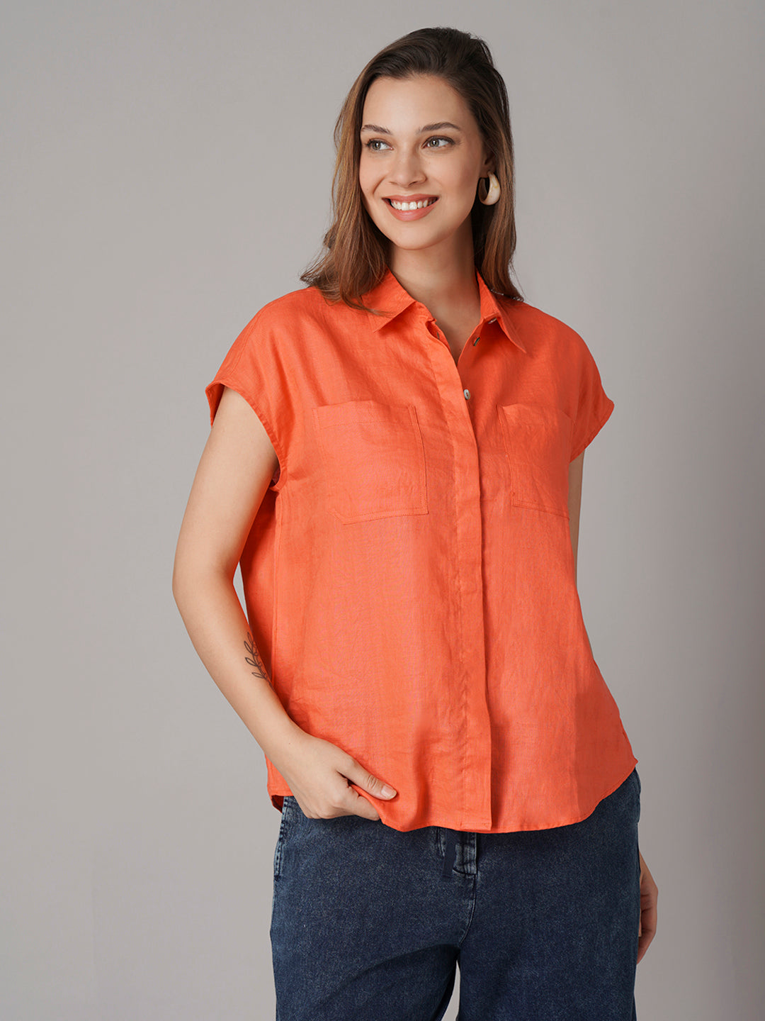 Women's 100% Linen Relax Fit Blouse Orange