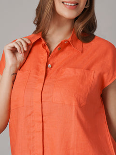 Women's 100% Linen Relax Fit Blouse Orange