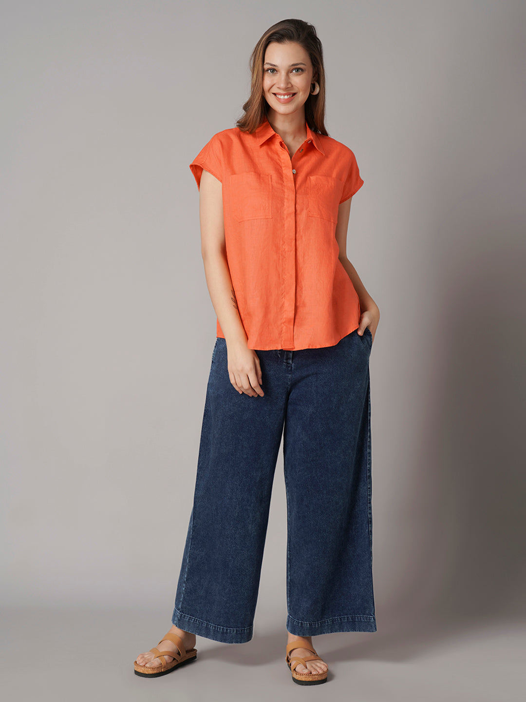 Women's 100% Linen Relax Fit Blouse Orange