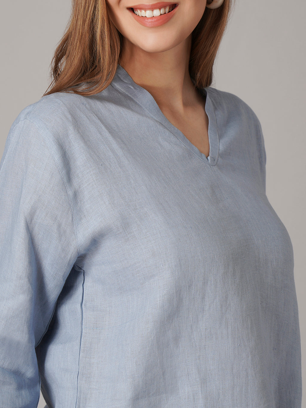 Women's Light Blue 100% Linen Regular Fit Blouse