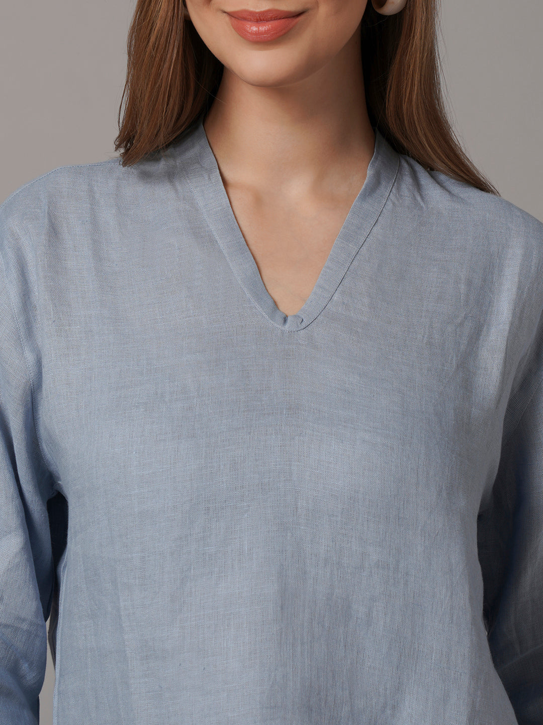 Women's Light Blue 100% Linen Regular Fit Blouse