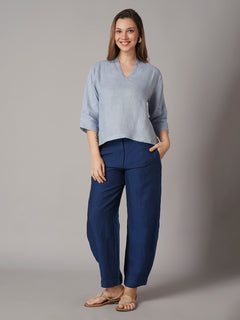 Women's Light Blue 100% Linen Regular Fit Blouse