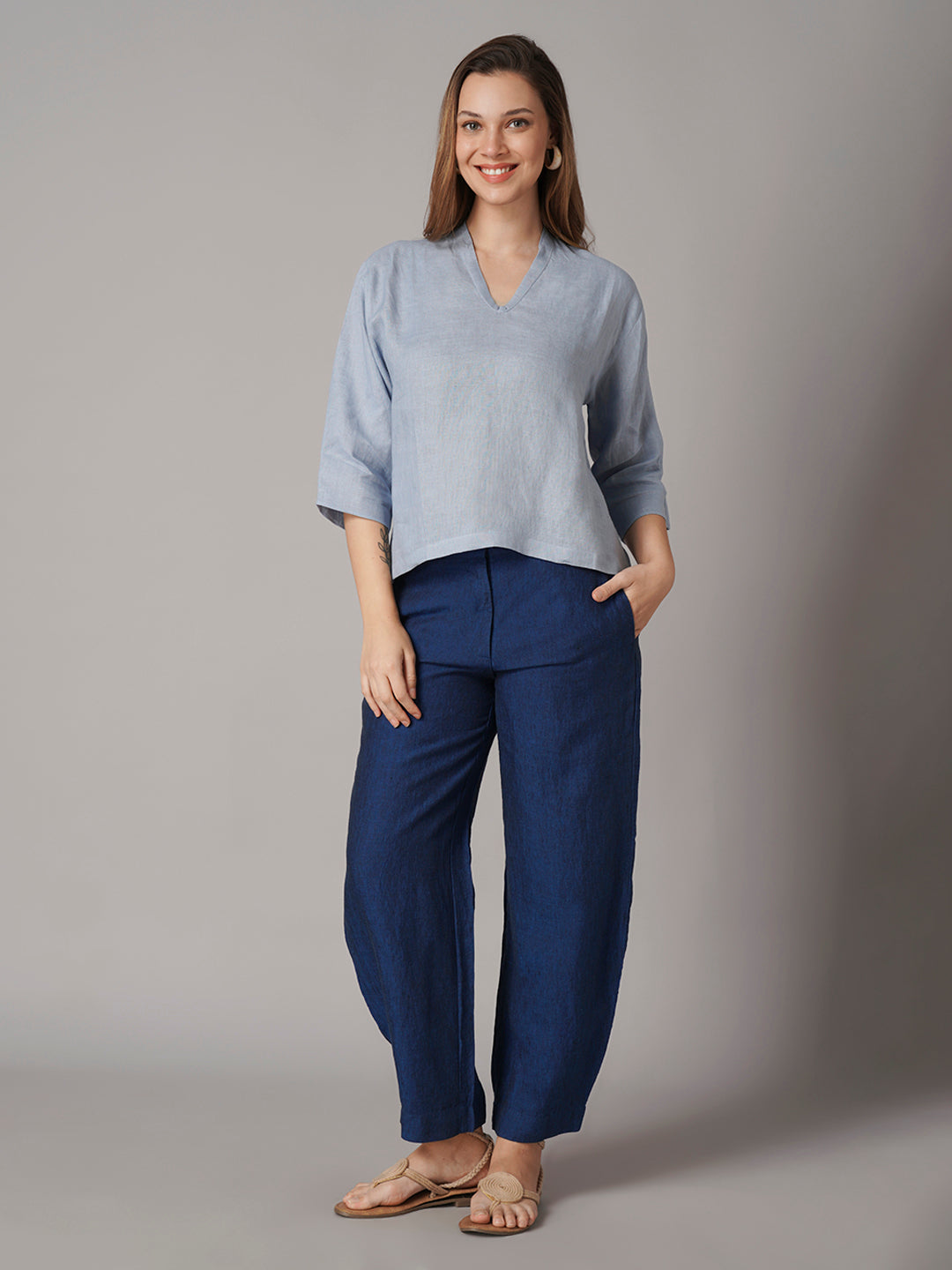Women's Light Blue 100% Linen Regular Fit Blouse