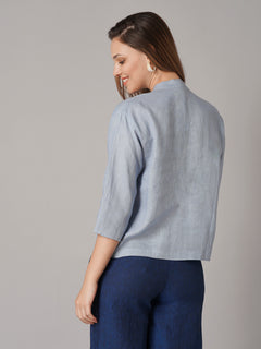 Women's Light Blue 100% Linen Regular Fit Blouse