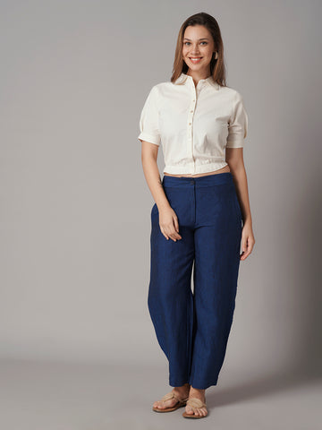 Women's Blue 100% Linen Regular Fit Pant
