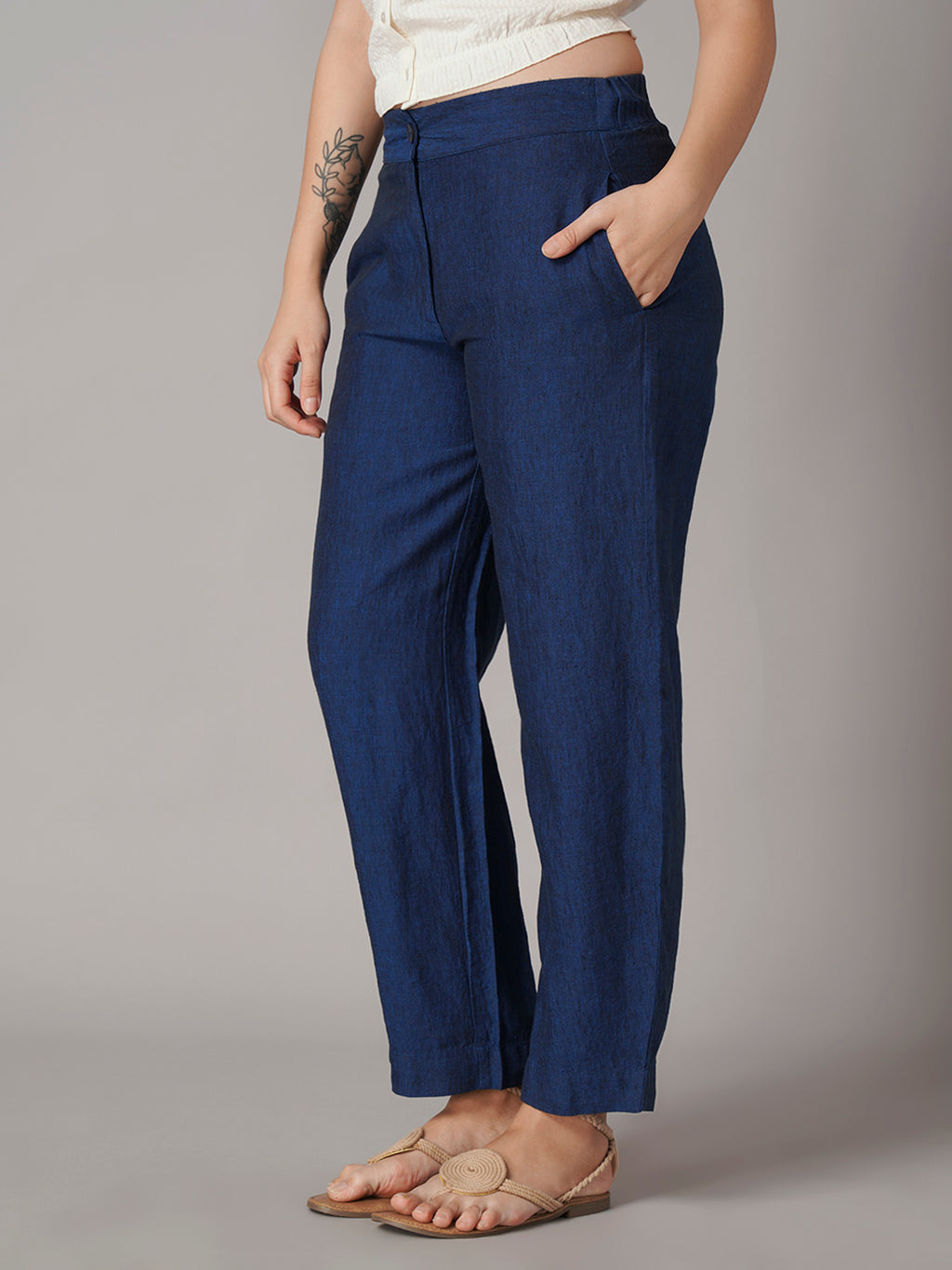 Women's Blue 100% Linen Regular Fit Pant