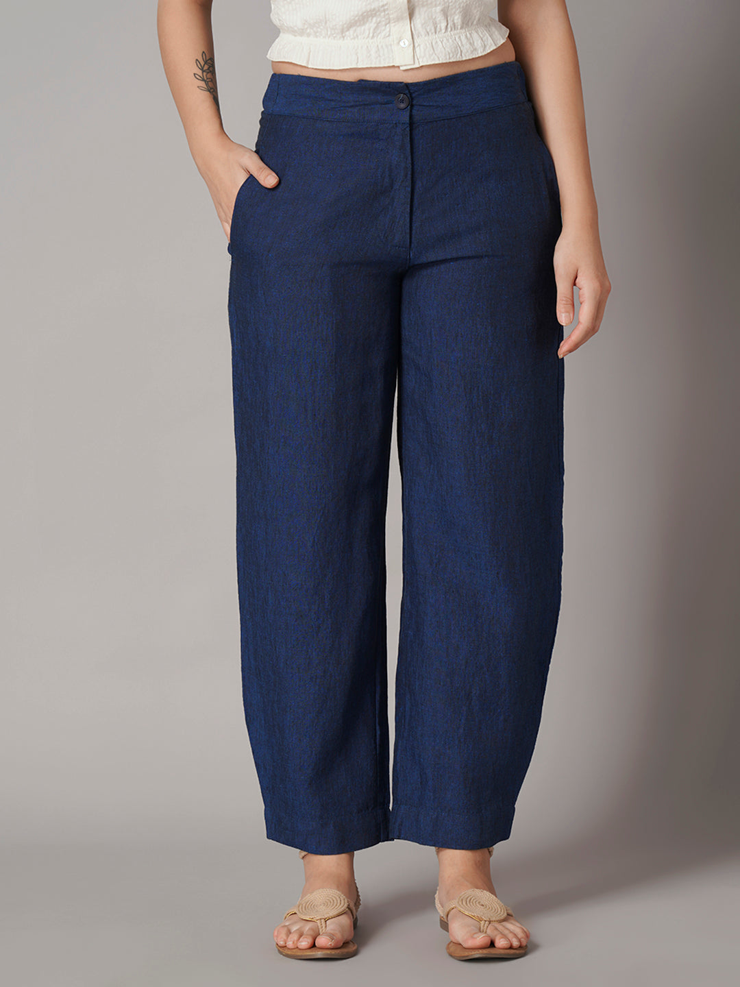 Women's Blue 100% Linen Regular Fit Pant