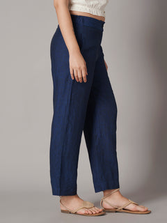 Women's Blue 100% Linen Regular Fit Pant