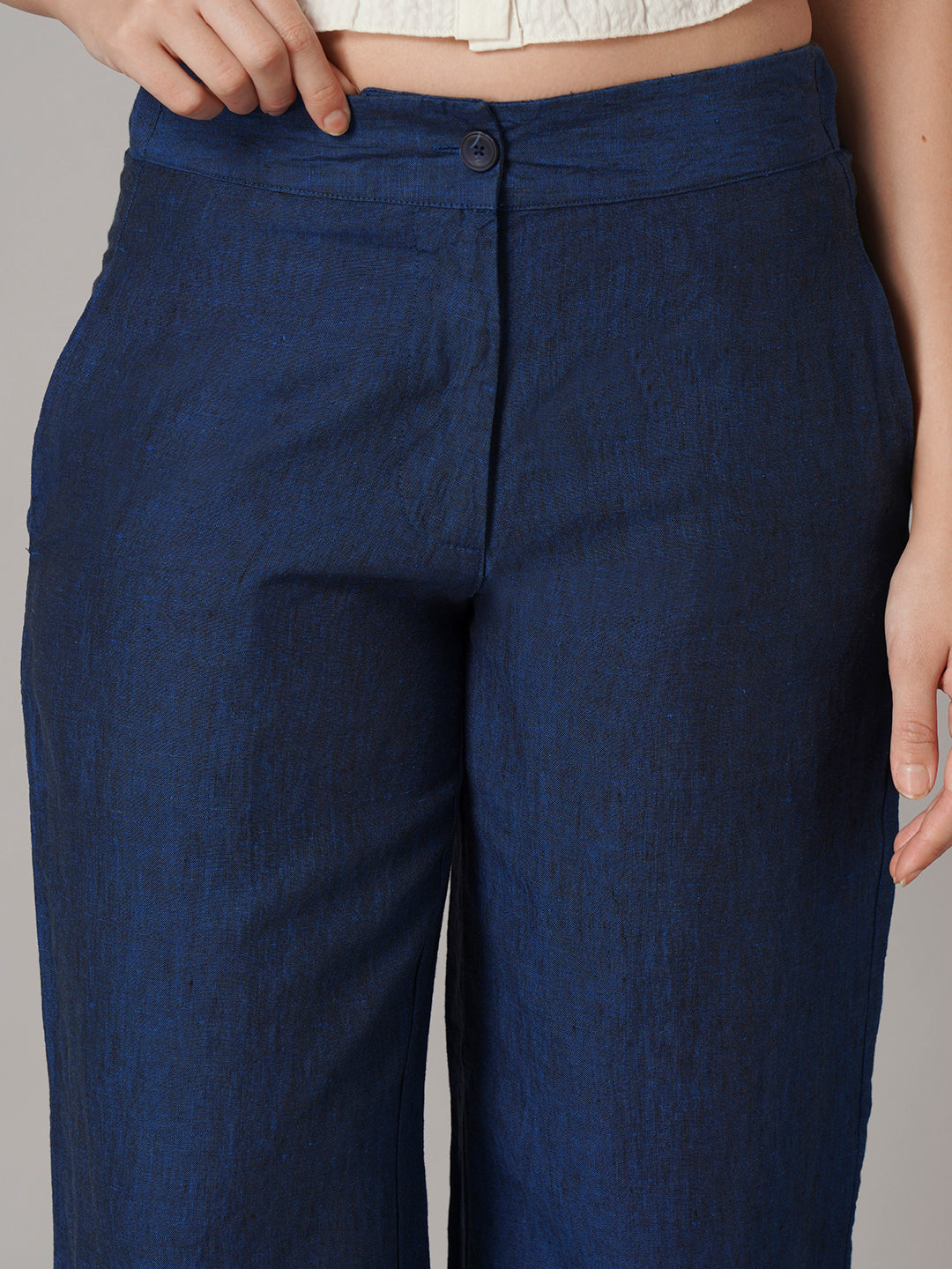 Women's Blue 100% Linen Regular Fit Pant