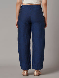 Women's Blue 100% Linen Regular Fit Pant