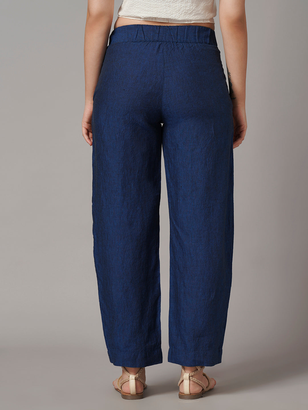 Women's Blue 100% Linen Regular Fit Pant