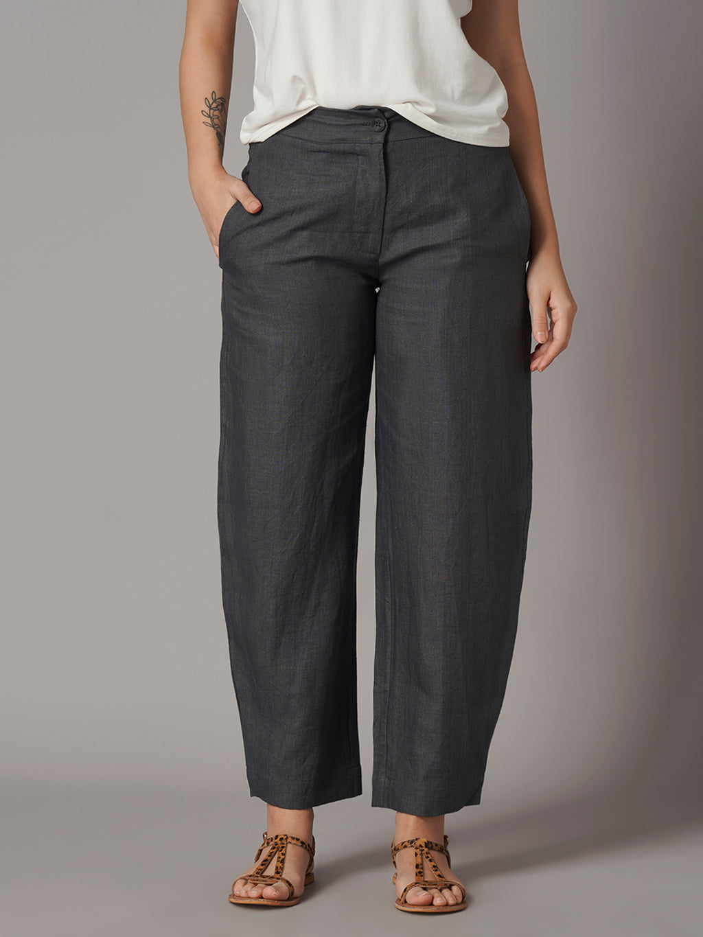 Women's Grey 100% Linen Regular Fit Pant