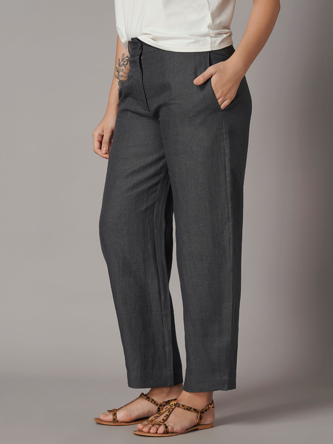 Women's Grey 100% Linen Regular Fit Pant