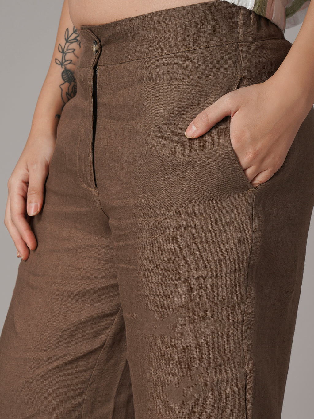 Women's Brown 100% Linen Barrel Leg Pant