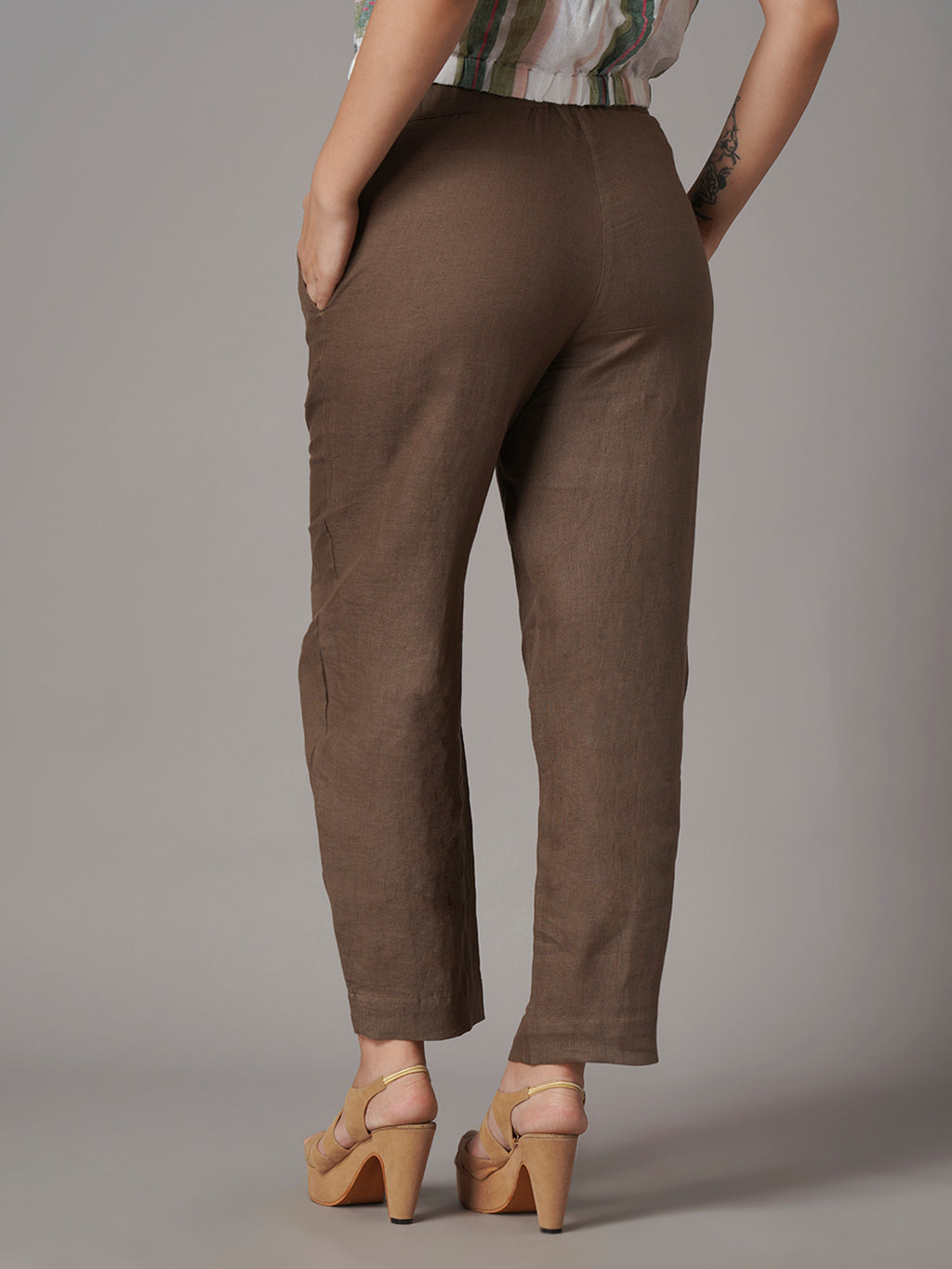 Women's Brown 100% Linen Barrel Leg Pant