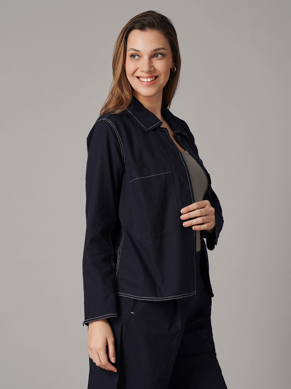 Women's Cotton Linen Regular Fit Jacket Navy