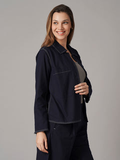 Women's Cotton Linen Regular Fit Jacket Navy