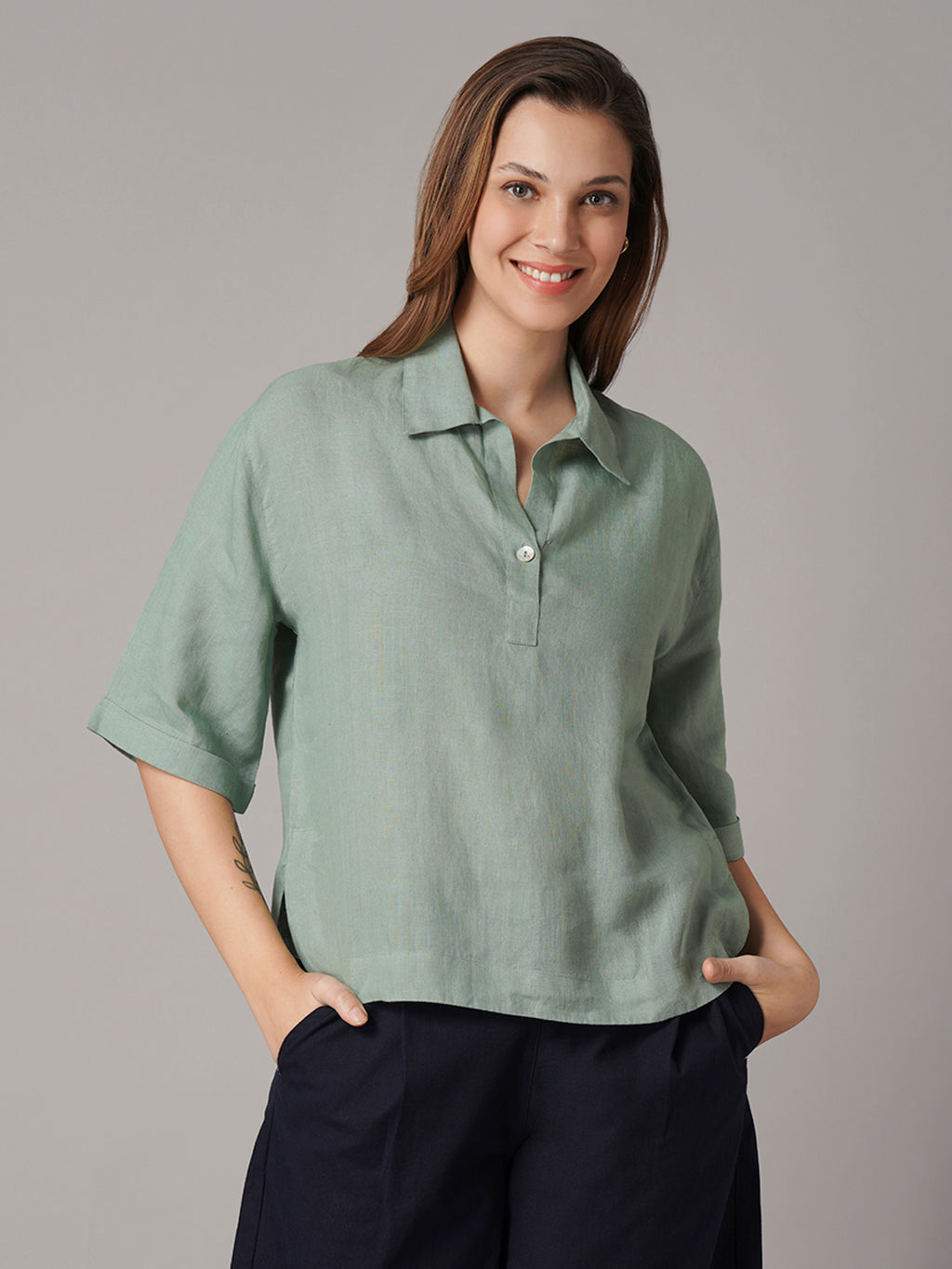 Women's 100% Linen Boxy Fit Blouse Green