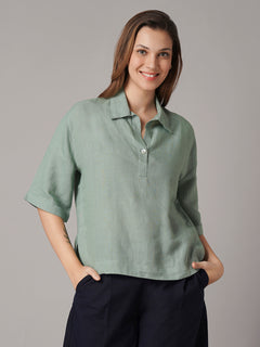 Women's 100% Linen Boxy Fit Blouse Green
