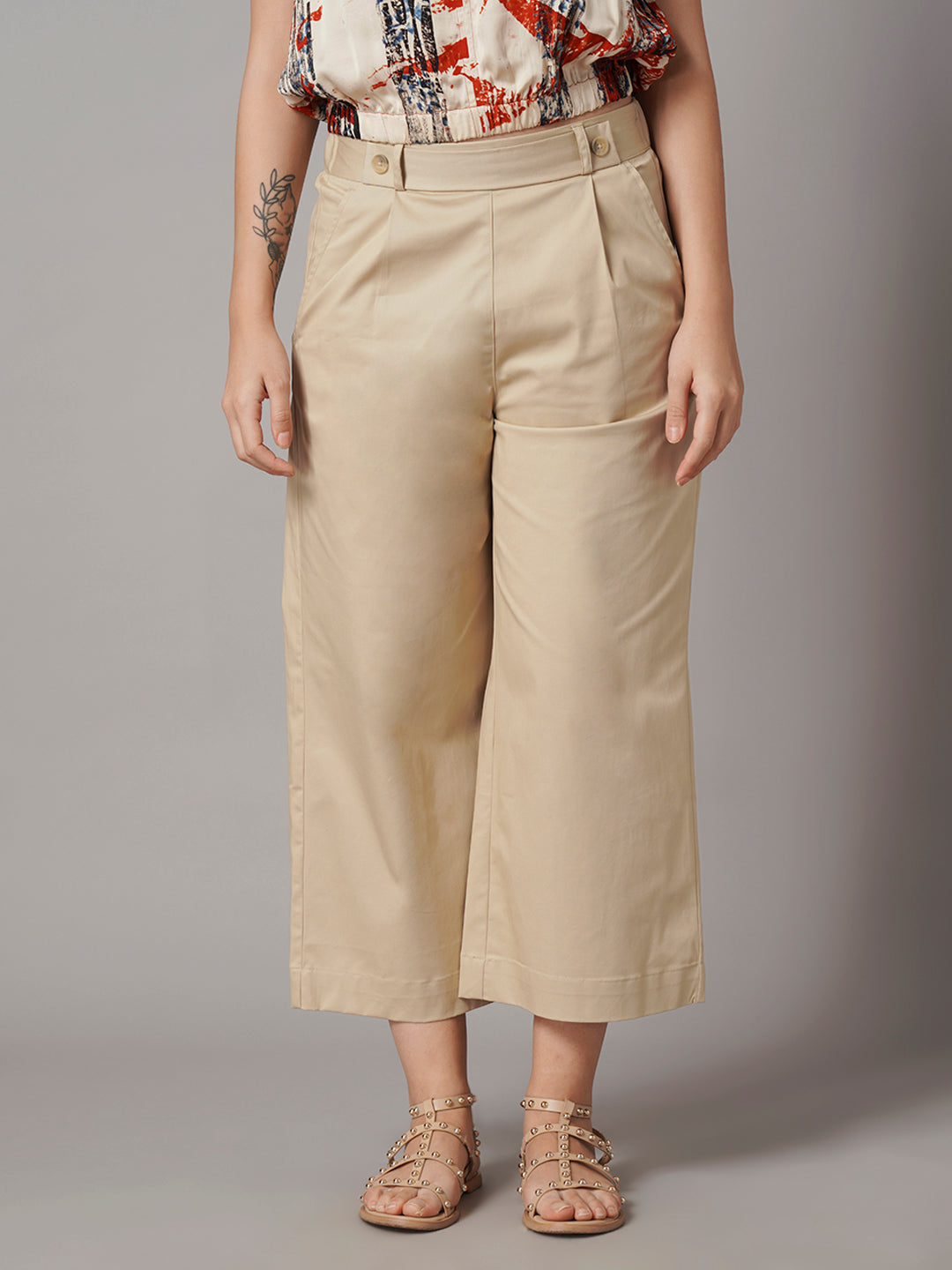 Women's Cotton Lycra Regular Fit Culotte Beige