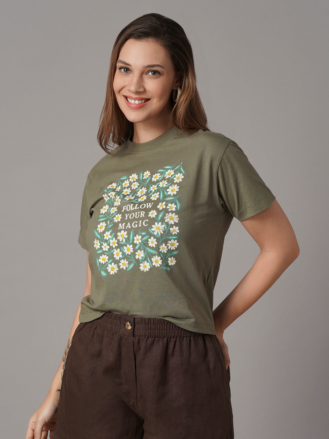 Women's Dk Olive 100% Organic Cotton Regular Fit Tshirt