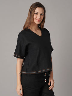 Women's Black 100% Linen Boxy Fit Blouse