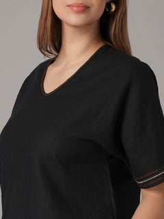 Women's Black 100% Linen Boxy Fit Blouse