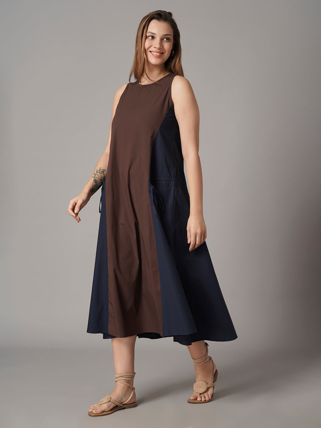 Women's Brown Cotton Lycra Regular Fit Dress