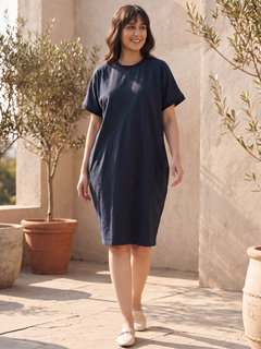 Women's Navy Cotton Elastane Boxy Fit Knit Dress