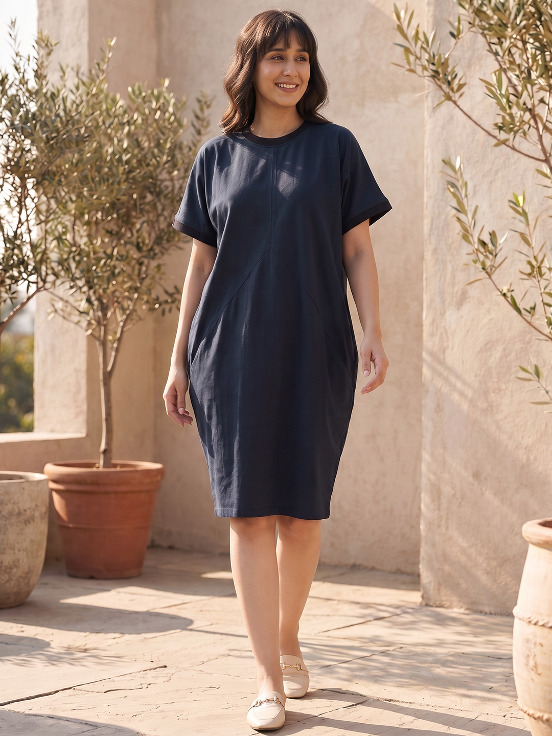 Women's Navy Cotton Elastane Boxy Fit Knit Dress