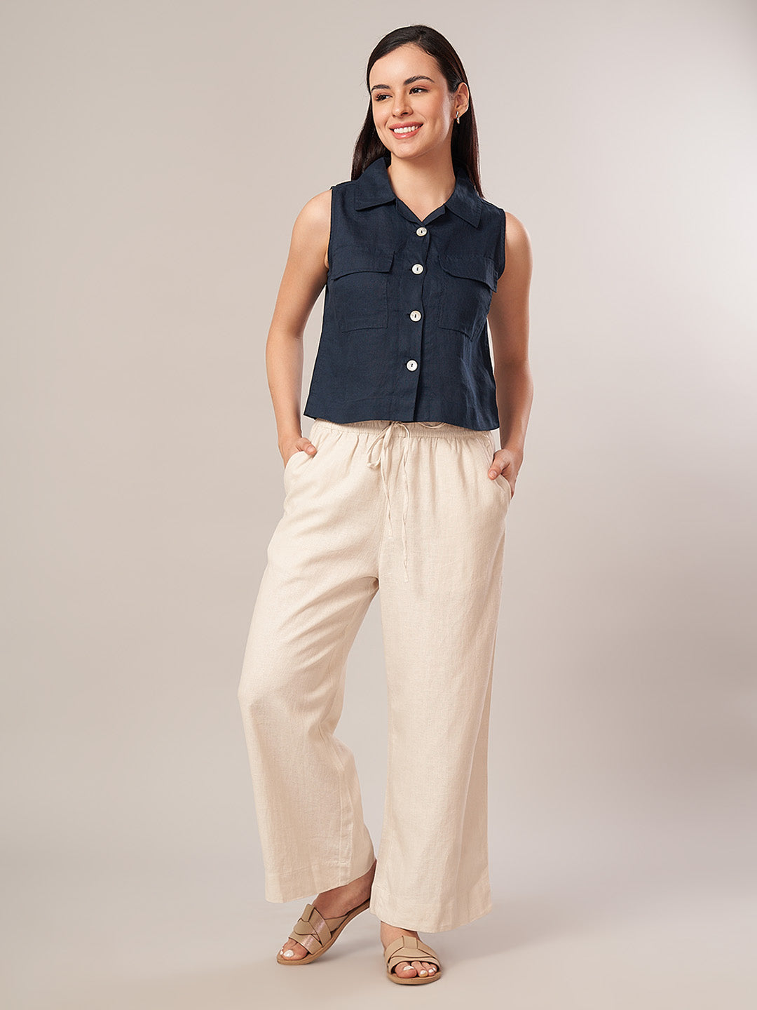 Women's 100% Linen Regular Fit Blouse Navy