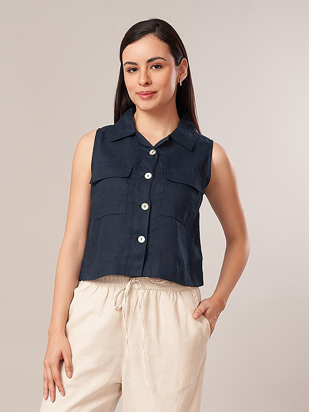 Women's 100% Linen Regular Fit Blouse Navy