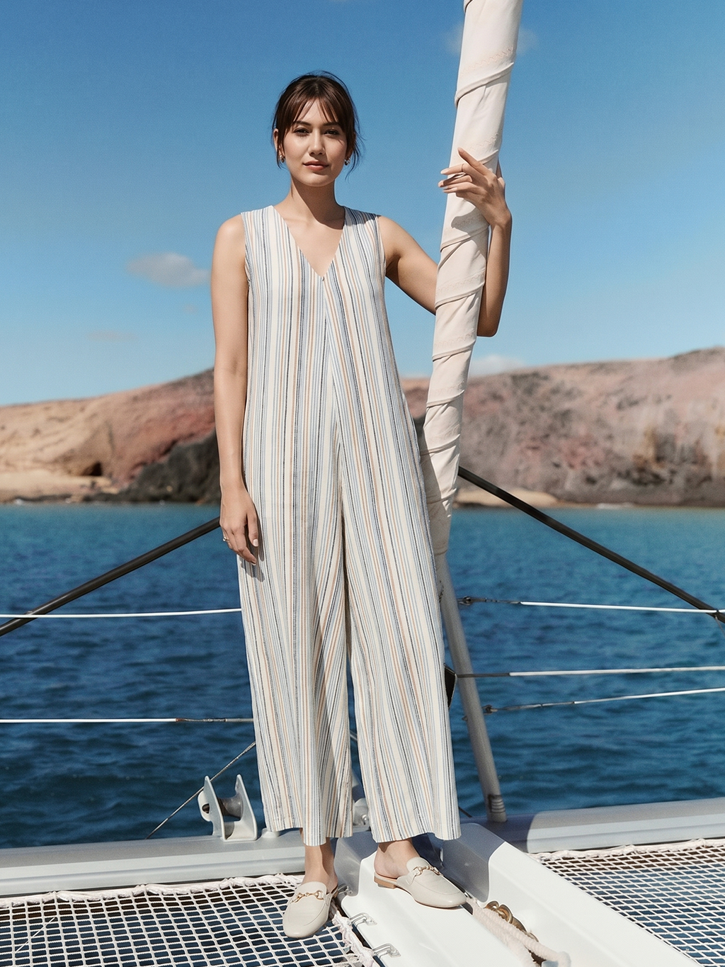 Women's Cream Linen Viscose Regular Fit Jumpsuit