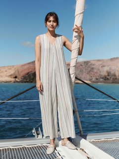 Women's Cream Linen Viscose Regular Fit Jumpsuit
