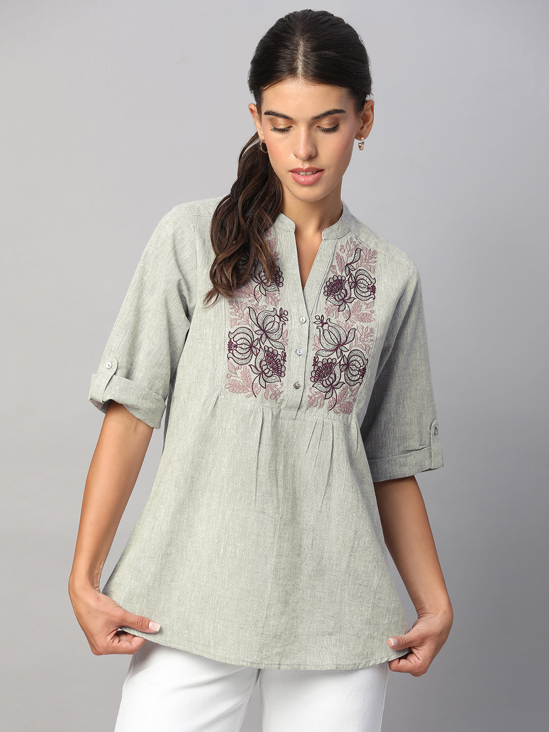 Women's Grey Cotton Linen Regular Fit Blouse