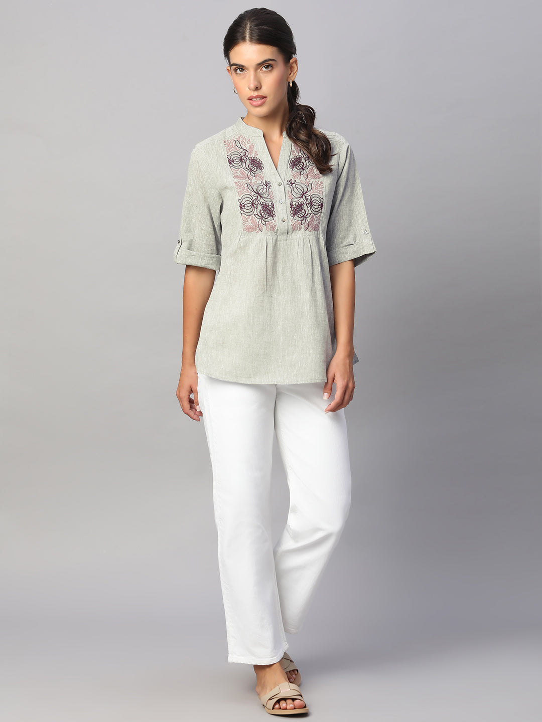 Women's Grey Cotton Linen Regular Fit Blouse