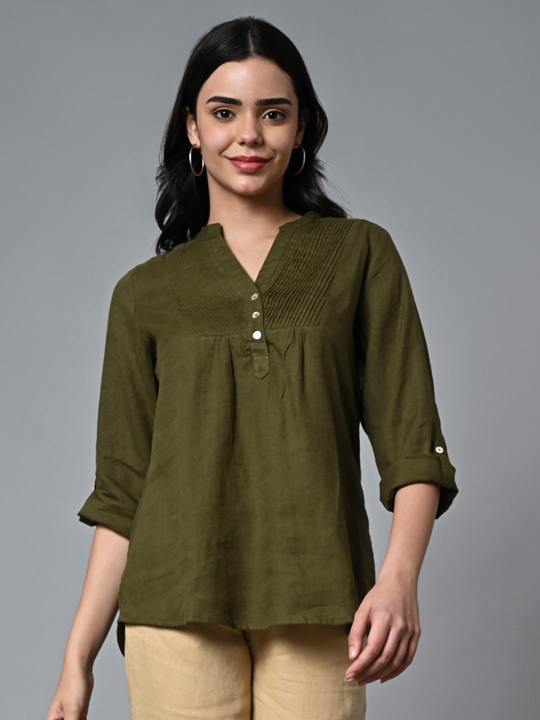 Women's Olive Linen Excel Regular Fit Blouse