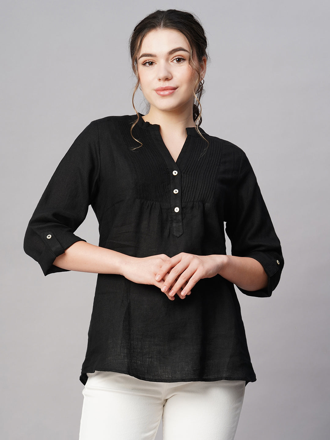 Women's Black Linen Regular Fit Blouse