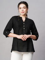 Women's Black 100% Linen Regular Fit Blouse