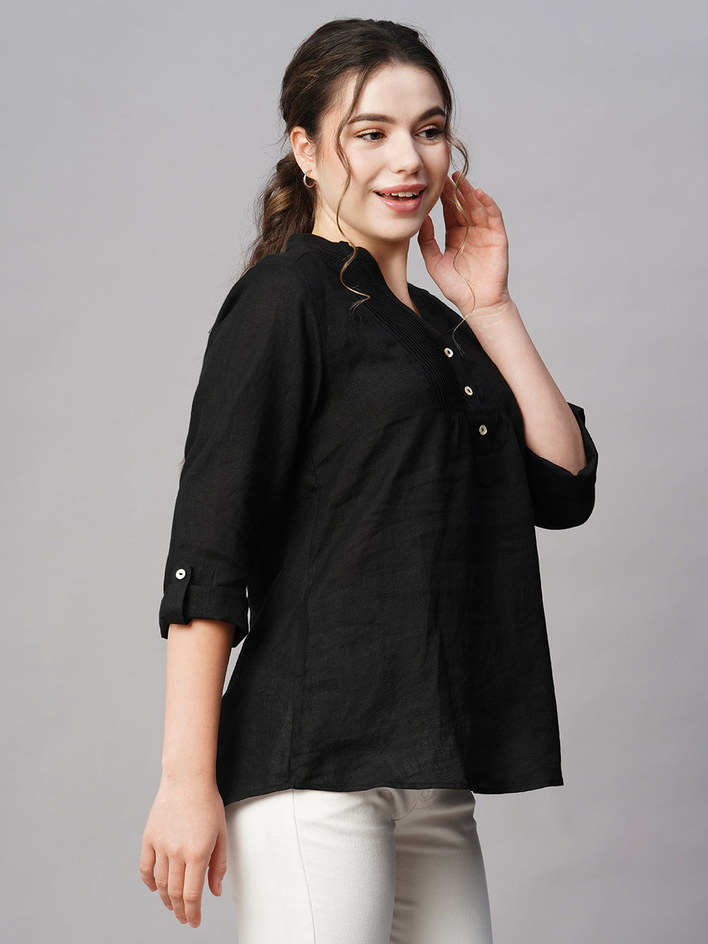 Women's Black 100% Linen Regular Fit Blouse