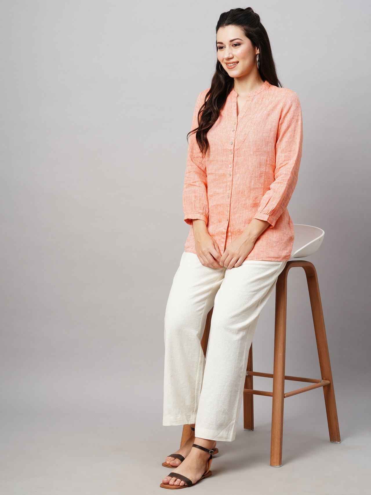 Women's Orange Linen Regular Fit Blouse