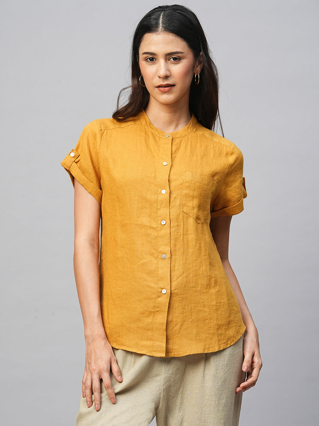 Women's Mustard Linen Regular Fit Blouse