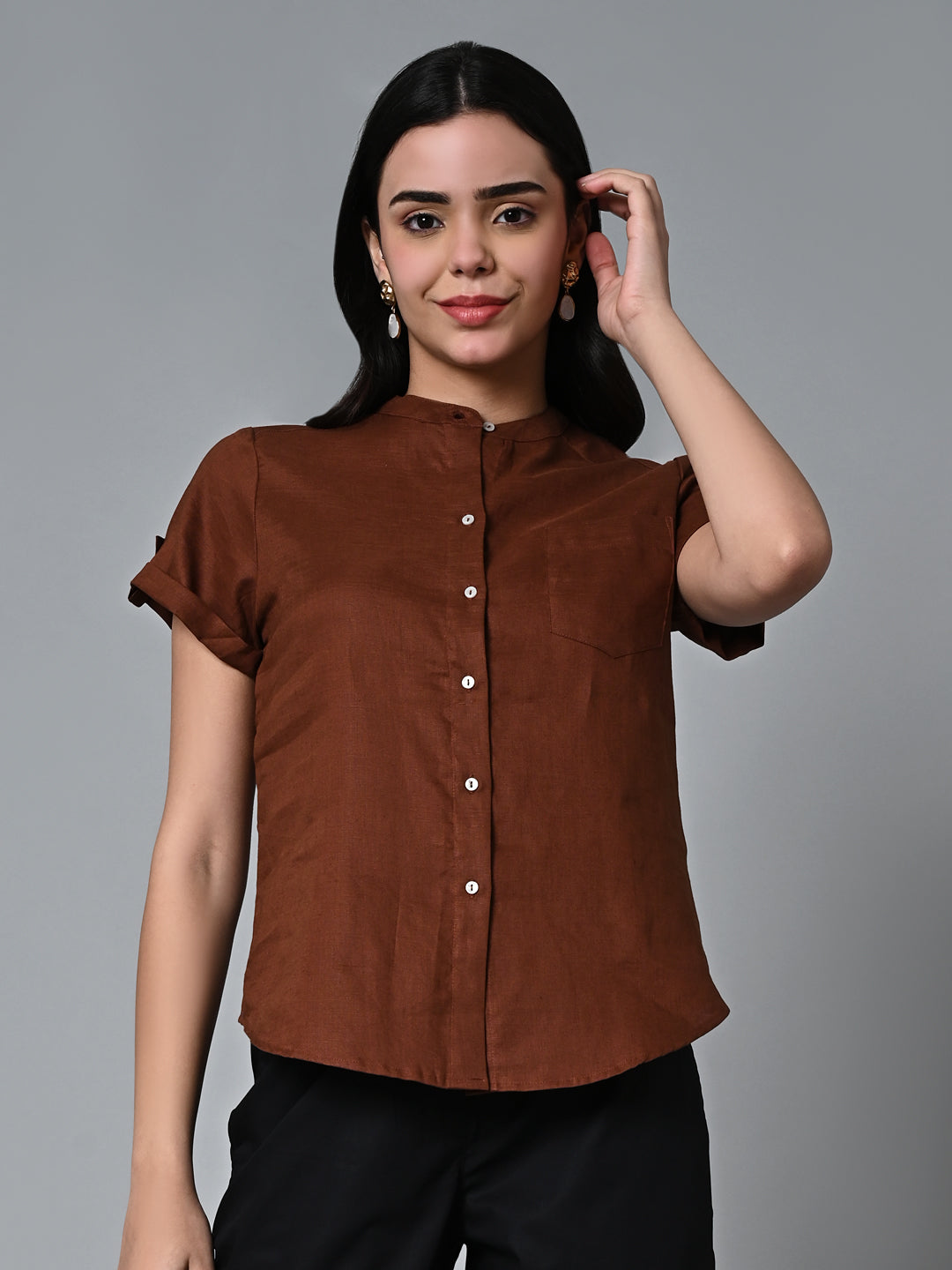 Women's Brown Linen Regular Fit Blouse