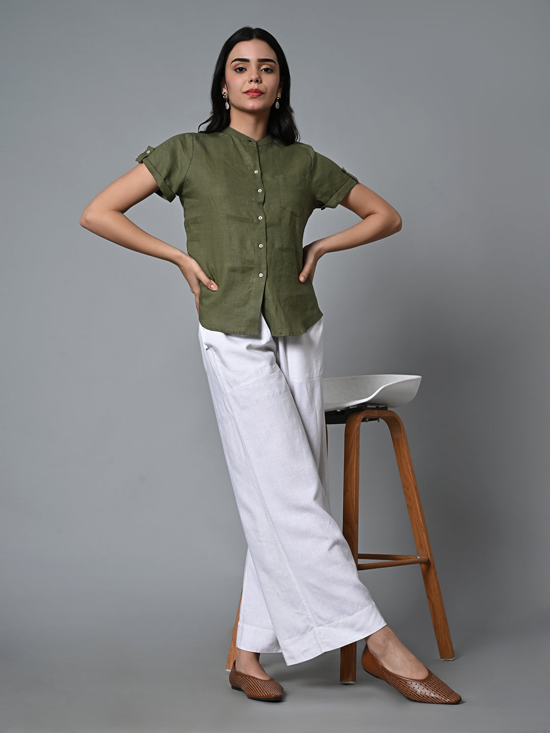 Women's Olive Linen Regular Fit Blouse