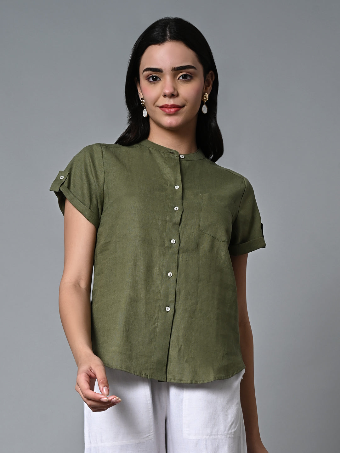 Women's Olive Linen Regular Fit Blouse