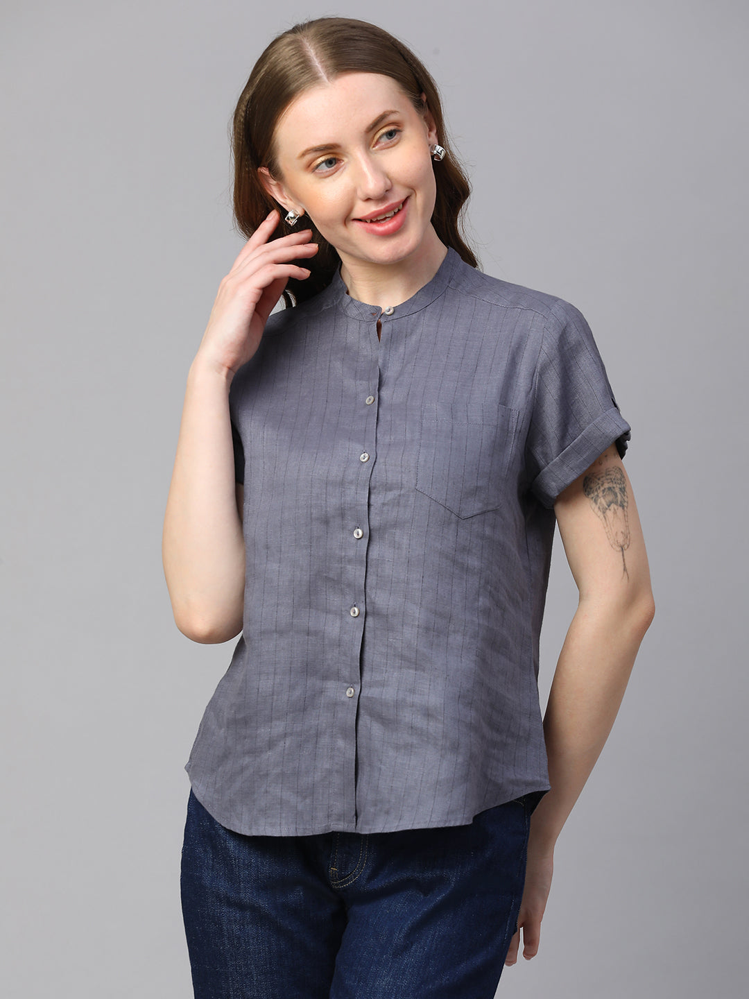 Women's Grey Linen Slim Fit Blouse